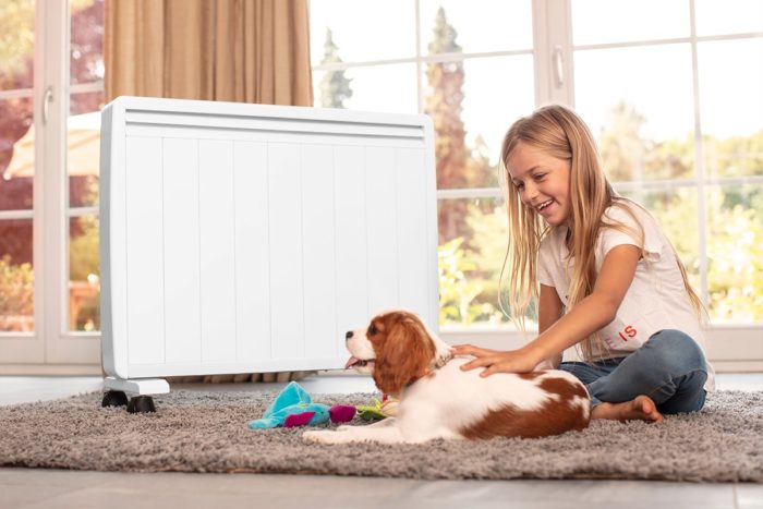 chauffage d appoint electrique sur roulette avec une jeune fille et un chien