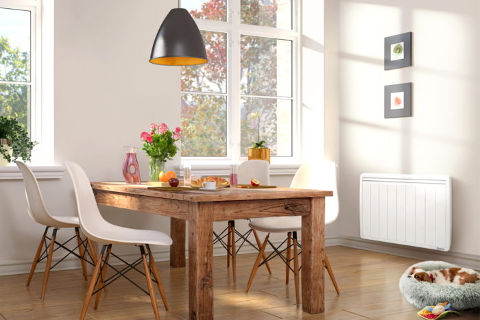radiateur a inertie dans une salle a manger avec un chien