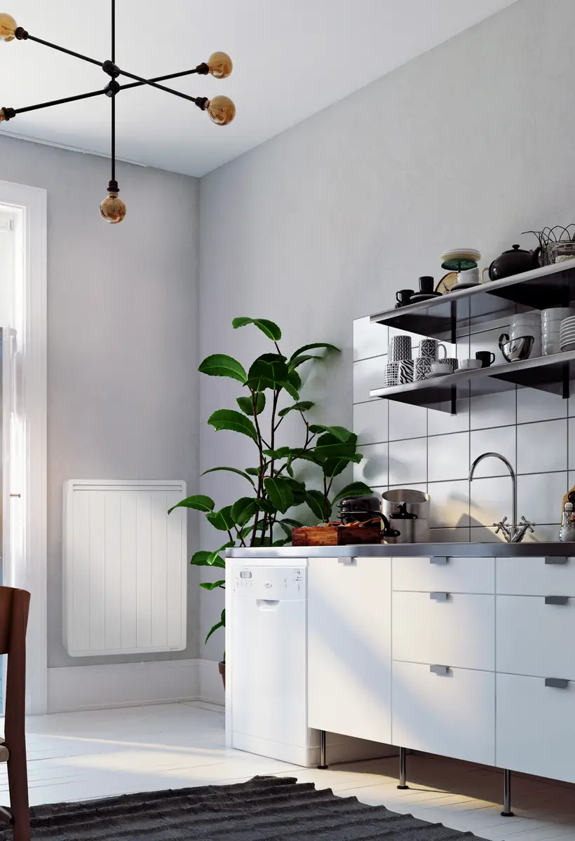 Radiateur vertical dans une cuisine.